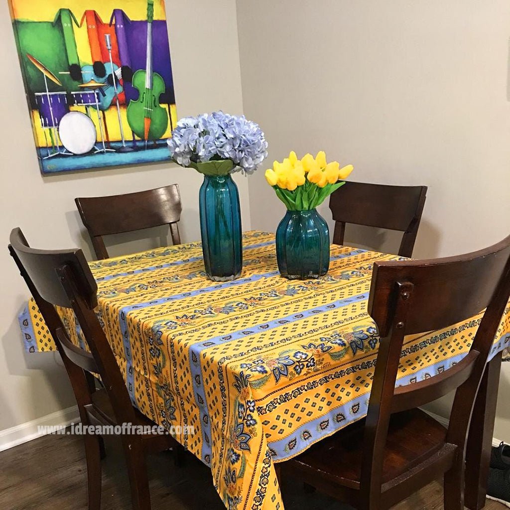 French Provencal tablecloth - Acrylic coated cotton, Spill - proof - 58" square - Lisa yellow | Le Cluny Tablecloth La Vie Bien French Provencal tablecloth - Acrylic coated cotton, Spill - proof - 58" square - Lisa yellow | Le Cluny