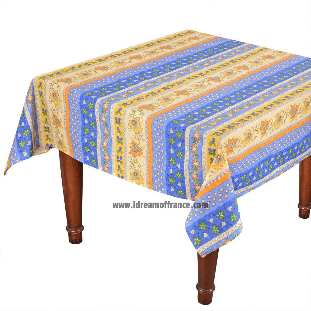 French Provencal tablecloth - Acrylic coated cotton, Spill - proof - 58" Square - Monaco blue & yellow | Le Cluny Tablecloth La Vie Bien French Provencal tablecloth - Acrylic coated cotton, Spill - proof - 58" Square - Monaco blue & yellow | Le Cluny