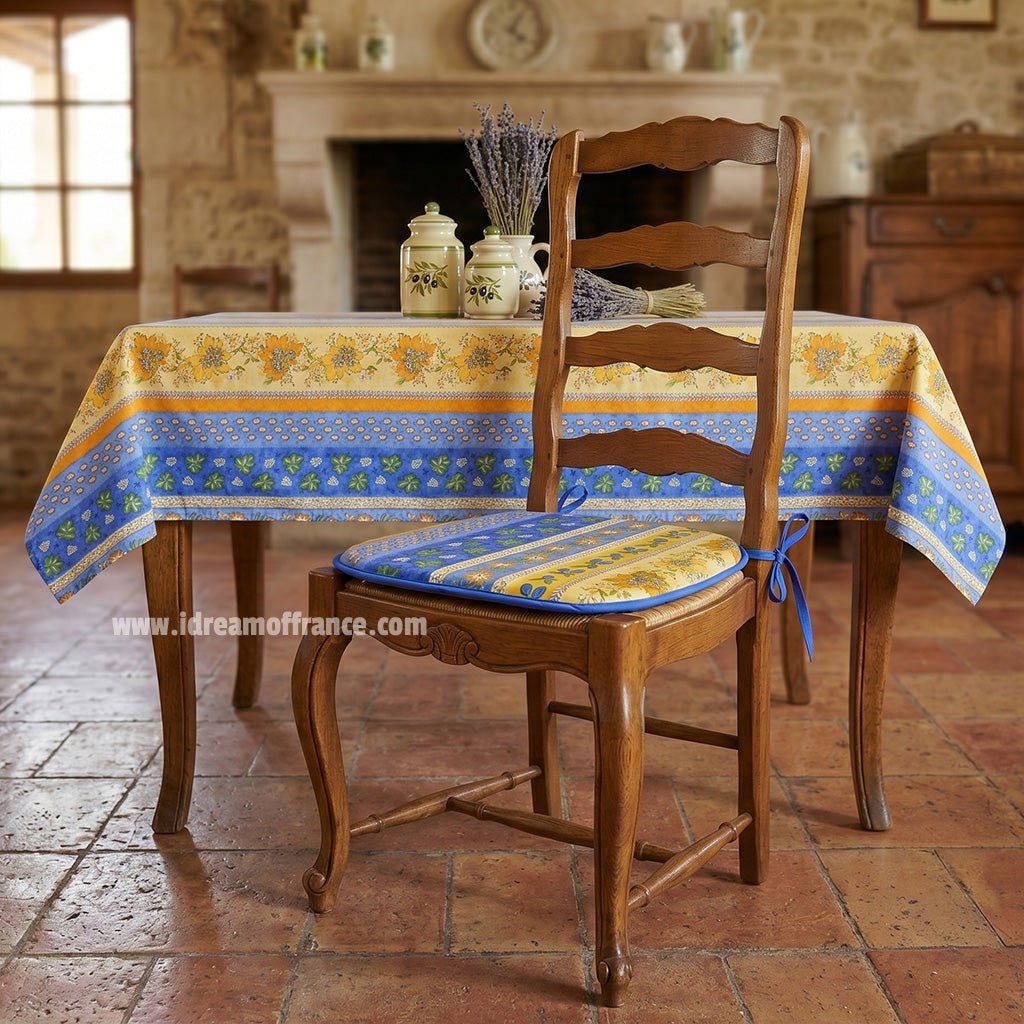 French Provencal tablecloth - Acrylic coated cotton, Spill - proof - 58" Square - Monaco blue & yellow | Le Cluny Tablecloth La Vie Bien French Provencal tablecloth - Acrylic coated cotton, Spill - proof - 58" Square - Monaco blue & yellow | Le Cluny
