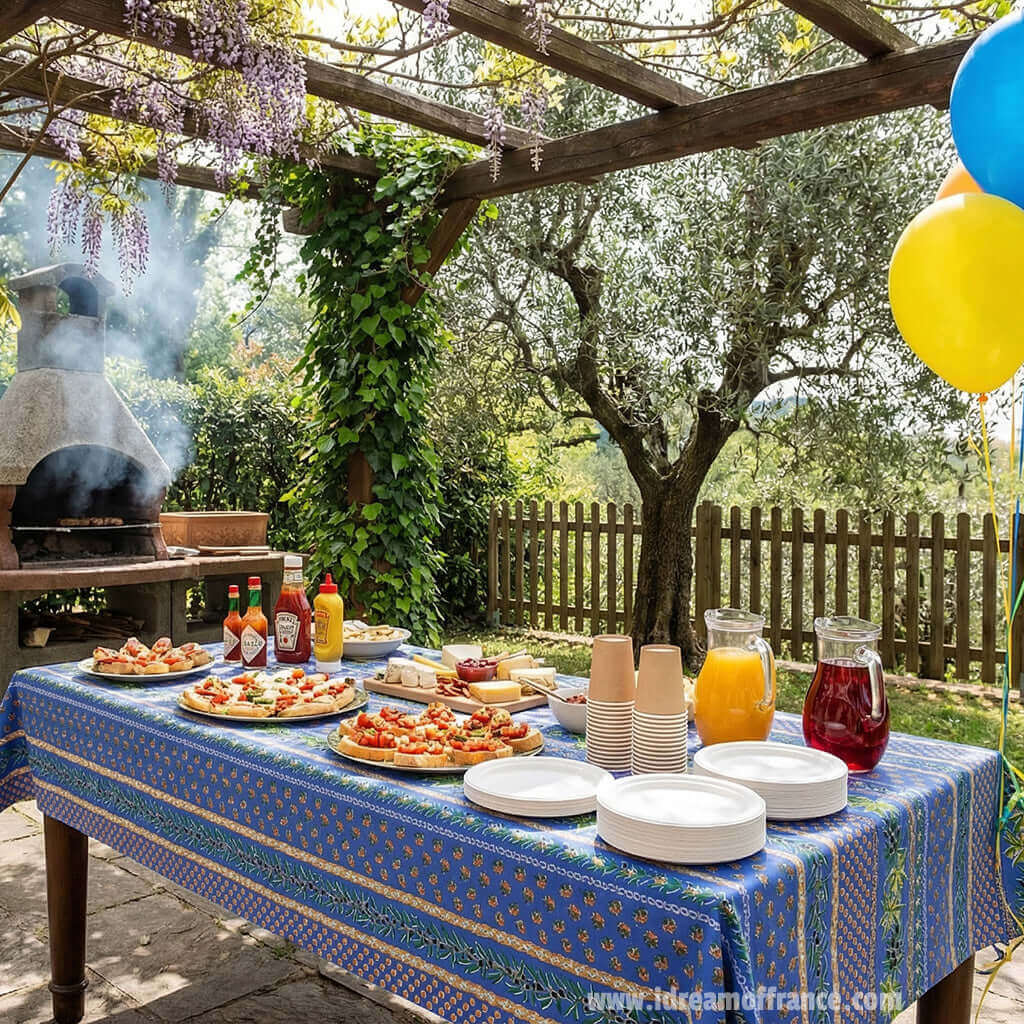 French Provencal tablecloth - Acrylic coated cotton, Spill - proof - 58" square - Olives blue | Le Cluny Tablecloth La Vie Bien French Provencal tablecloth - Acrylic coated cotton, Spill - proof - 58" square - Olives blue | Le Cluny