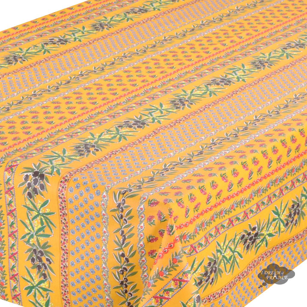 French Provencal tablecloth - Acrylic coated cotton, Spill - proof - 58" Square - Olives mustard yellow | Le Cluny Tablecloth La Vie Bien French Provencal tablecloth - Acrylic coated cotton, Spill - proof - 58" Square - Olives mustard yellow | Le Cluny
