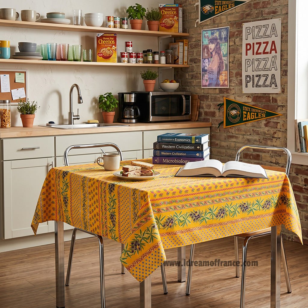 French Provencal tablecloth - Acrylic coated cotton, Spill - proof - 58" Square - Olives mustard yellow | Le Cluny Tablecloth La Vie Bien French Provencal tablecloth - Acrylic coated cotton, Spill - proof - 58" Square - Olives mustard yellow | Le Cluny