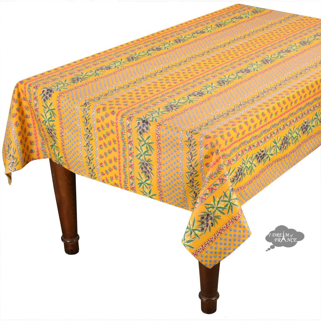French Provencal tablecloth - Acrylic coated cotton, Spill - proof - 58" Square - Olives mustard yellow | Le Cluny Tablecloth La Vie Bien French Provencal tablecloth - Acrylic coated cotton, Spill - proof - 58" Square - Olives mustard yellow | Le Cluny
