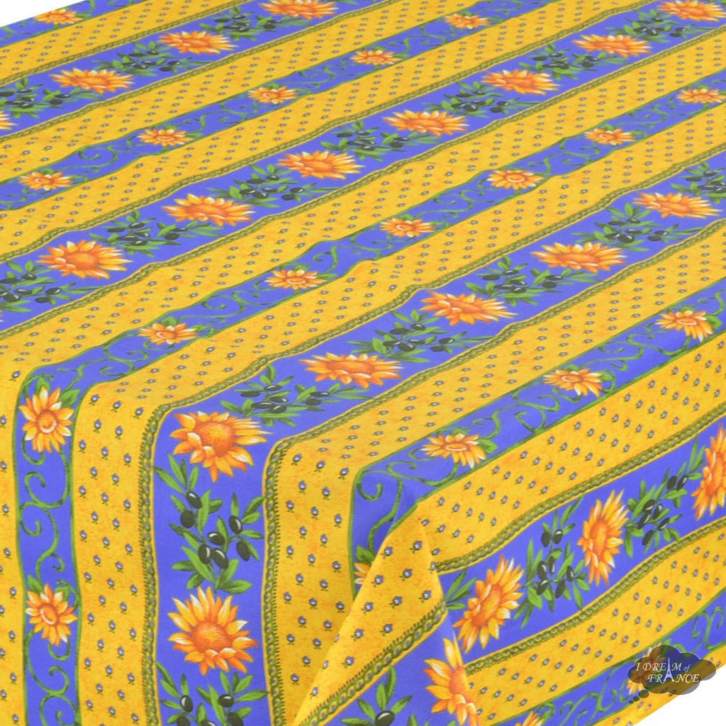 French Provencal tablecloth - Acrylic coated cotton, Spill - proof - 58" square - Sunflower blue & yellow | Le Cluny Tablecloth La Vie Bien French Provencal tablecloth - Acrylic coated cotton, Spill - proof - 58" square - Sunflower blue & yellow | Le Cluny