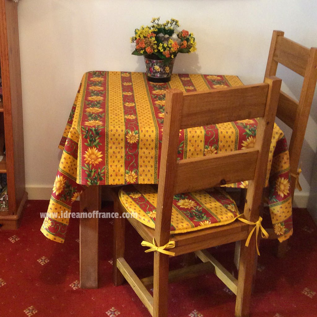 French Provencal tablecloth - Acrylic coated cotton, Spill - proof - 58" square - Sunflower red & yellow | Le Cluny Tablecloth La Vie Bien French Provencal tablecloth - Acrylic coated cotton, Spill - proof - 58" square - Sunflower red & yellow | Le Cluny