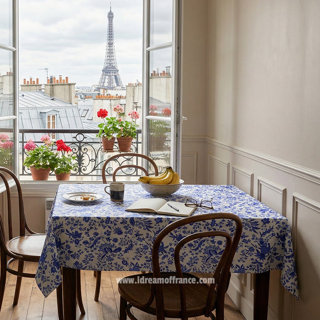 French Provencal tablecloth - Acrylic coated cotton, Spill-proof - 58" square - Versailles blue | Le Cluny Tablecloth La Vie Bien French Provencal tablecloth - Acrylic coated cotton, Spill-proof - 58" square - Versailles blue | Le Cluny