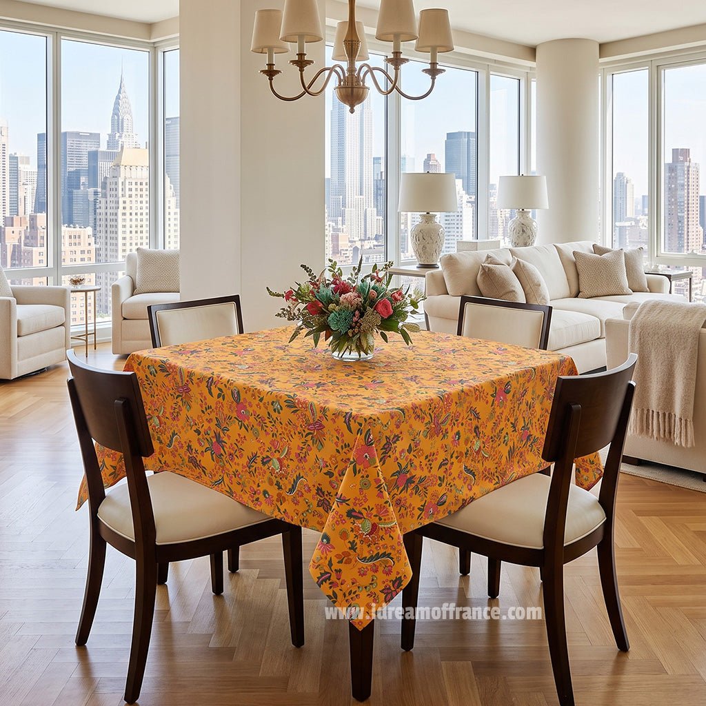 French Provencal tablecloth - Acrylic coated cotton, Spill-proof - 58" square - Versailles yellow | Le Cluny Tablecloth La Vie Bien French Provencal tablecloth - Acrylic coated cotton, Spill-proof - 58" square - Versailles yellow | Le Cluny