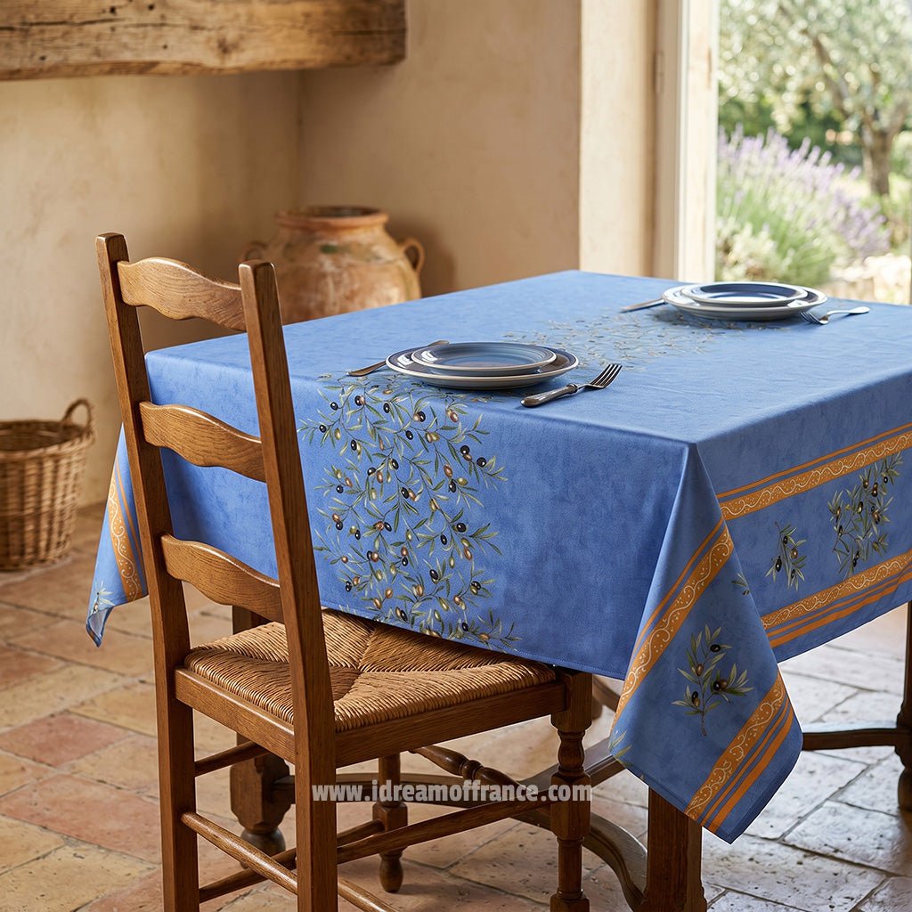 French Provencal tablecloth - Acrylic coated cotton, Spill - proof - 60" square - Clos des Oliviers blue | Label France Tablecloth La Vie Bien French Provencal tablecloth - Acrylic coated cotton, Spill - proof - 60" square - Clos des Oliviers blue | Label France