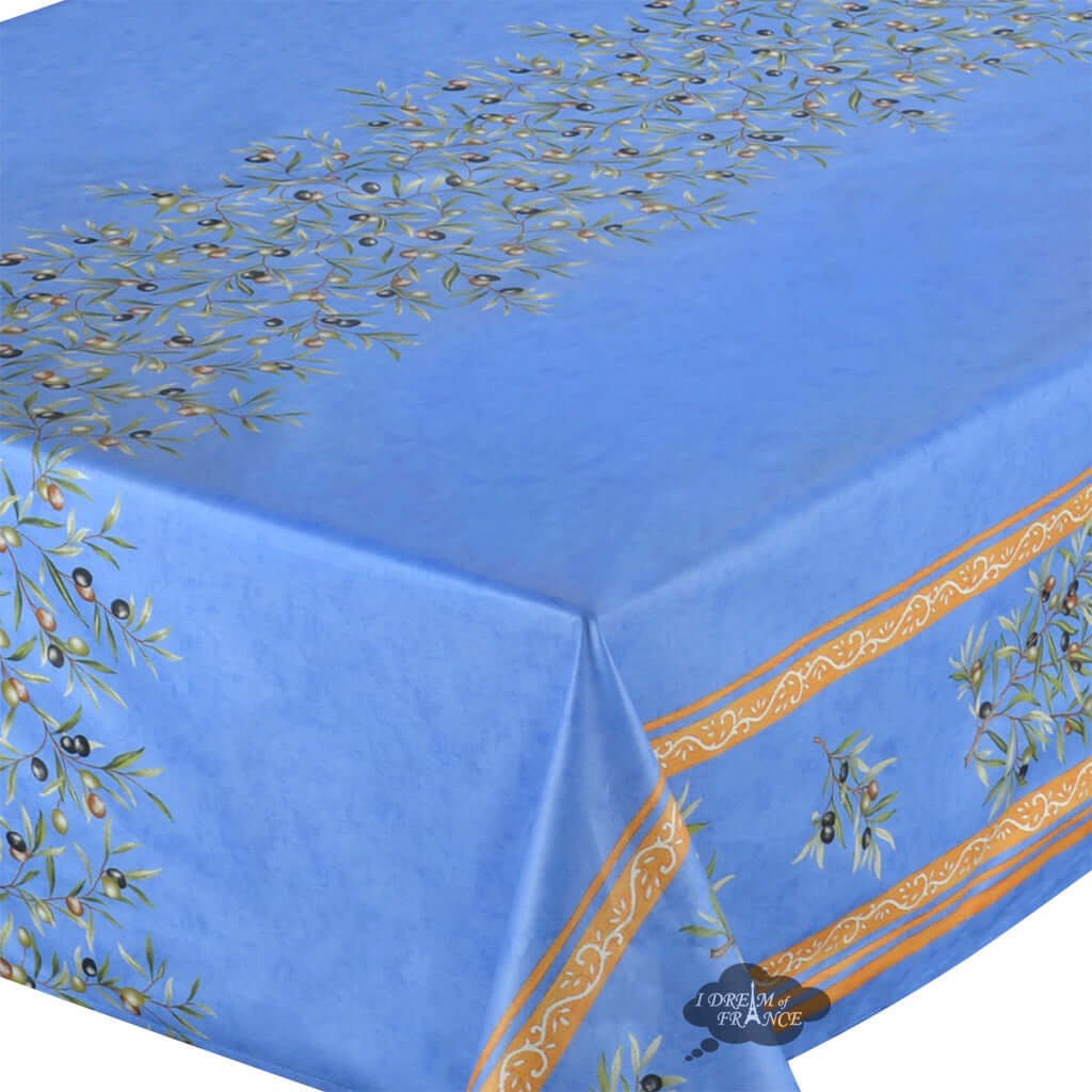 French Provencal tablecloth - Acrylic coated cotton, Spill - proof - 60" square - Clos des Oliviers blue | Label France Tablecloth La Vie Bien French Provencal tablecloth - Acrylic coated cotton, Spill - proof - 60" square - Clos des Oliviers blue | Label France