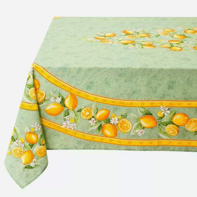 French Provencal tablecloth - Acrylic coated cotton, Spill - proof - 60x96" Rectangular - Lemons green | Tissus Toselli Tablecloth La Vie Bien French Provencal tablecloth - Acrylic coated cotton, Spill - proof - 60x96" Rectangular - Lemons green | Tissus Toselli