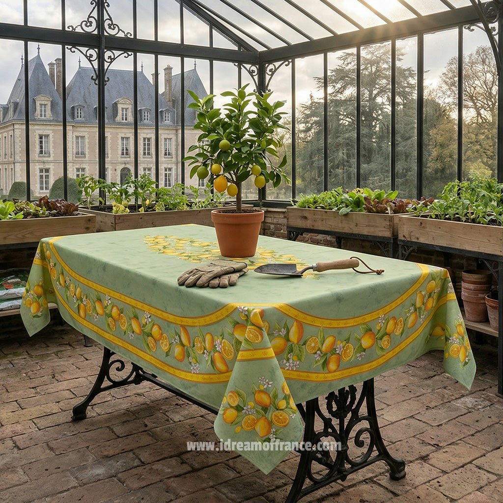 French Provencal tablecloth - Acrylic coated cotton, Spill - proof - 60x96" Rectangular - Lemons green | Tissus Toselli Tablecloth La Vie Bien French Provencal tablecloth - Acrylic coated cotton, Spill - proof - 60x96" Rectangular - Lemons green | Tissus Toselli