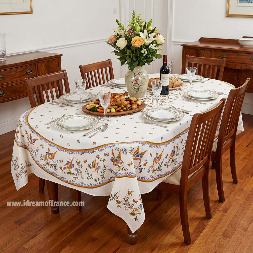 French Provencal tablecloth - Acrylic coated cotton, Spill - proof - 60x96" Rectangular - Moustiers blue | Tissus Toselli Tablecloth La Vie Bien French Provencal tablecloth - Acrylic coated cotton, Spill - proof - 60x96" Rectangular - Moustiers blue | Tissus Toselli