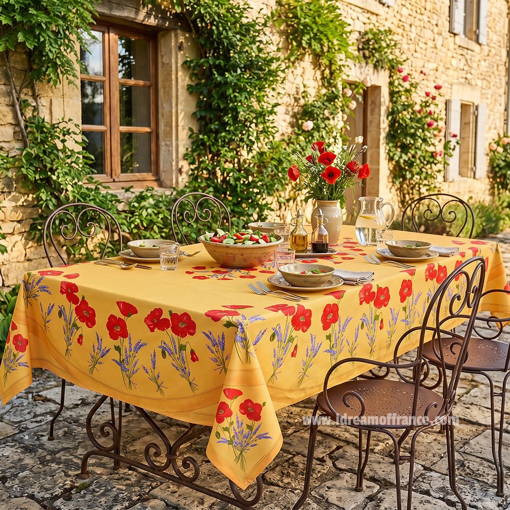French Provencal tablecloth - Acrylic coated cotton, Spill - proof - 60x96" Rectangular - Poppies yellow | Tissus Toselli Tablecloth La Vie Bien French Provencal tablecloth - Acrylic coated cotton, Spill - proof - 60x96" Rectangular - Poppies yellow | Tissus Toselli