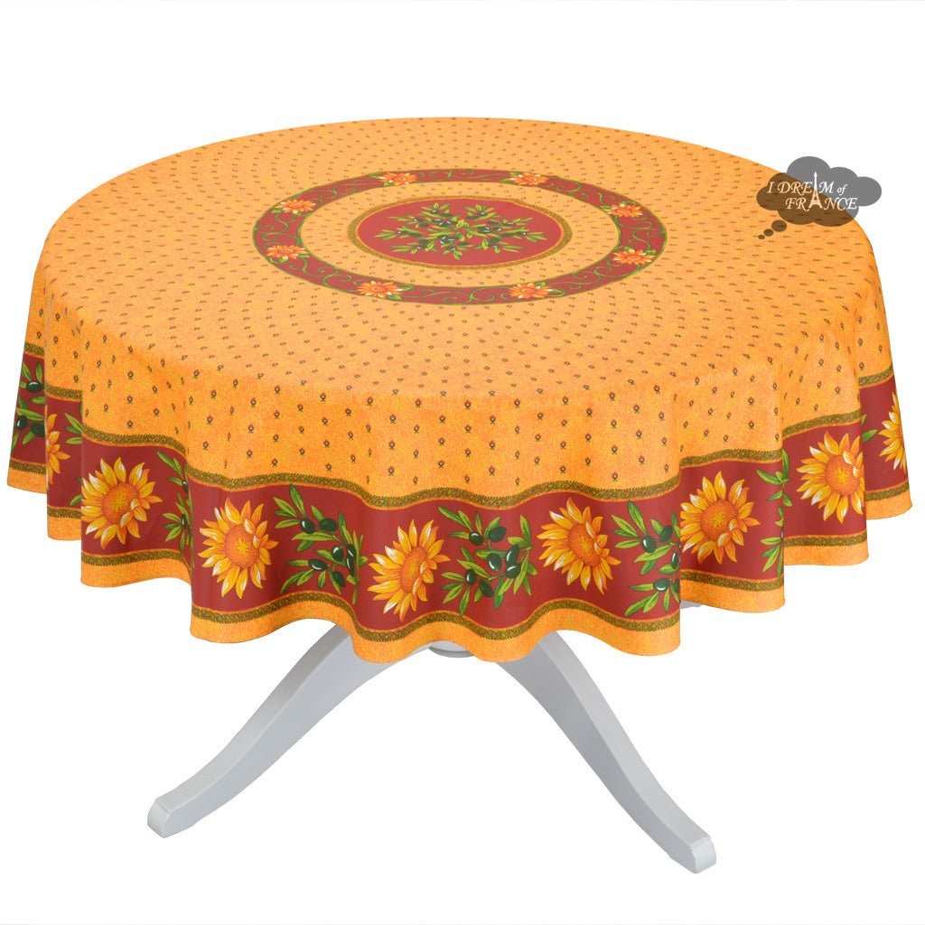 French Provencal tablecloth - Acrylic coated cotton, Spill - proof - 68" Round - Sunflower red | Le Cluny Tablecloth La Vie Bien French Provencal tablecloth - Acrylic coated cotton, Spill - proof - 68" Round - Sunflower red | Le Cluny