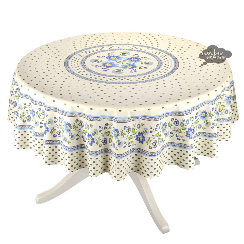 French Provencal tablecloth - Acrylic coated cotton, Spill - proof - 70" Round - Fayence blue & cream | Le Cluny Tablecloth La Vie Bien French Provencal tablecloth - Acrylic coated cotton, Spill - proof - 70" Round - Fayence blue & cream | Le Cluny