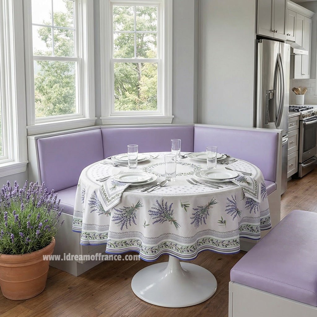 French Provencal tablecloth - Acrylic coated cotton, Spill - proof - 70" round - Lauris natural | Tissus Toselli Tablecloth La Vie Bien French Provencal tablecloth - Acrylic coated cotton, Spill - proof - 70" round - Lauris natural | Tissus Toselli