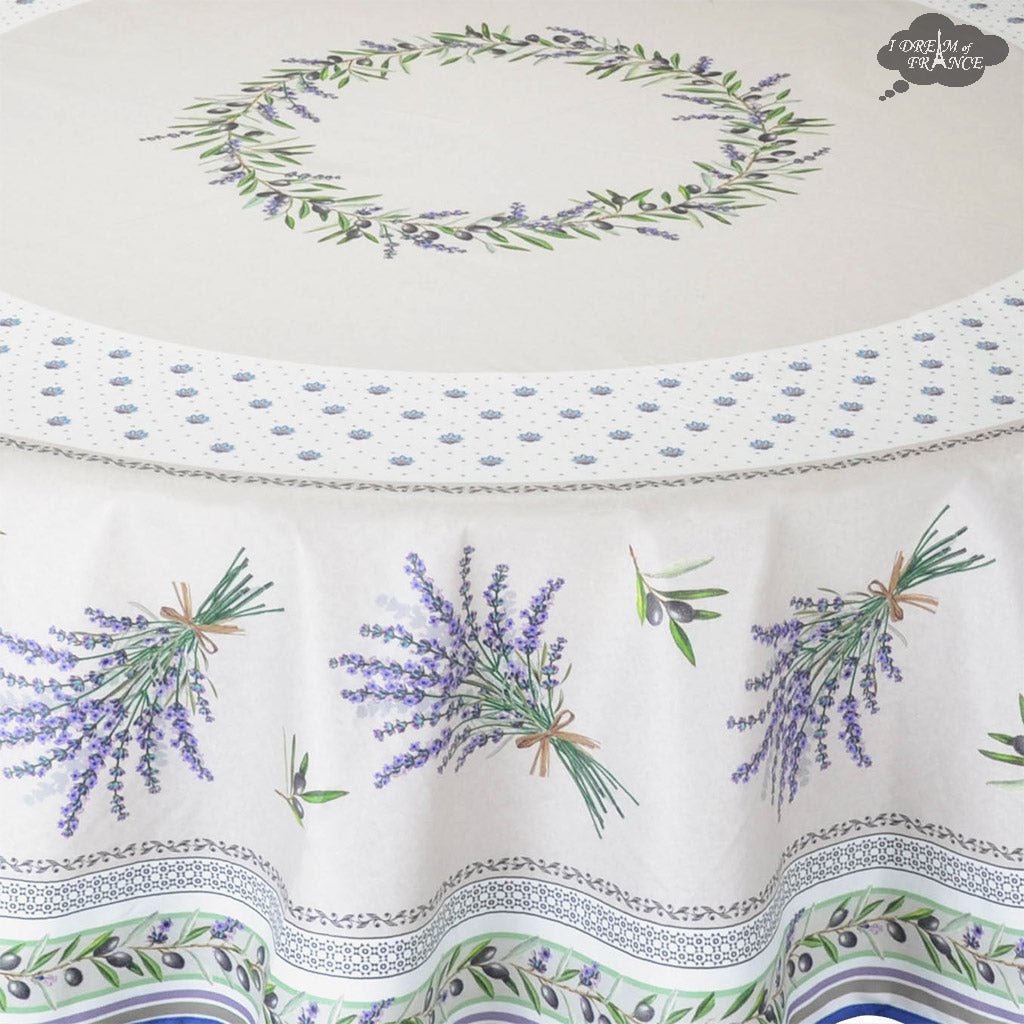 French Provencal tablecloth - Acrylic coated cotton, Spill - proof - 70" round - Lauris natural | Tissus Toselli Tablecloth La Vie Bien French Provencal tablecloth - Acrylic coated cotton, Spill - proof - 70" round - Lauris natural | Tissus Toselli