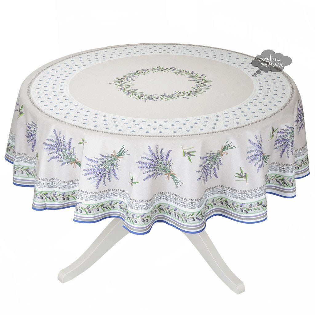 French Provencal tablecloth - Acrylic coated cotton, Spill - proof - 70" round - Lauris natural | Tissus Toselli Tablecloth La Vie Bien French Provencal tablecloth - Acrylic coated cotton, Spill - proof - 70" round - Lauris natural | Tissus Toselli
