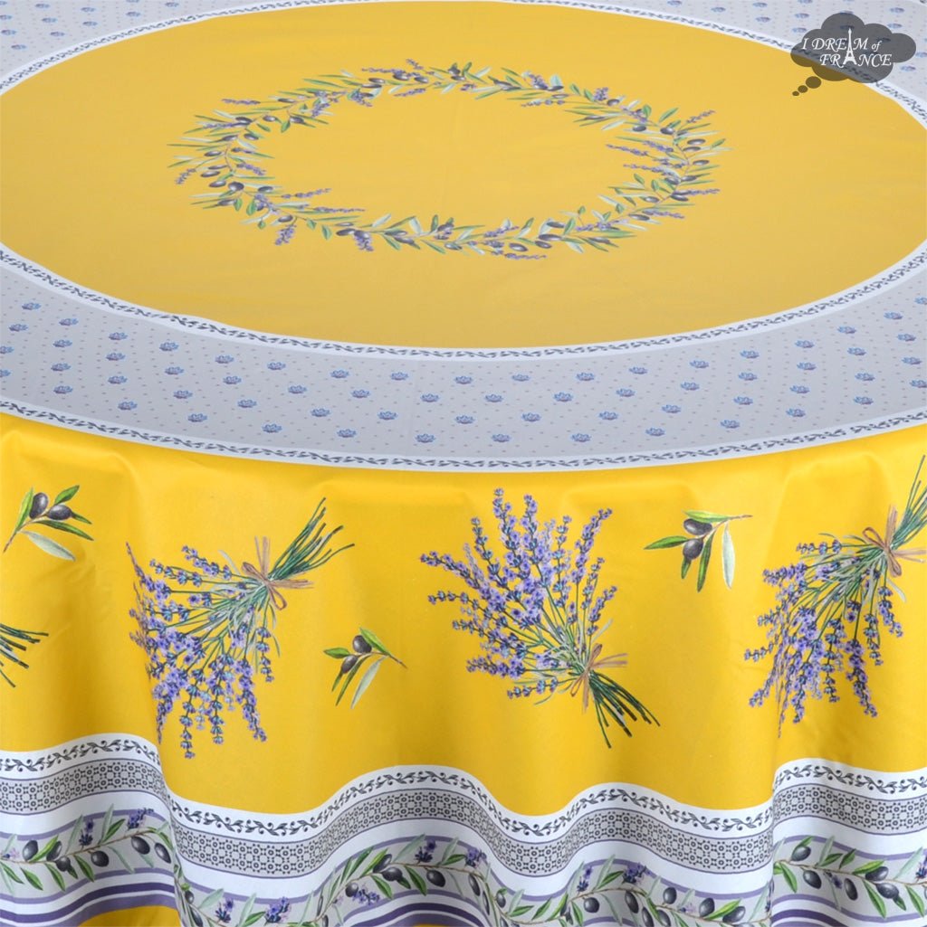 French Provencal tablecloth - Acrylic coated cotton, Spill - proof - 70" round - Lauris yellow | Tissus Toselli Tablecloth La Vie Bien French Provencal tablecloth - Acrylic coated cotton, Spill - proof - 70" round - Lauris yellow | Tissus Toselli