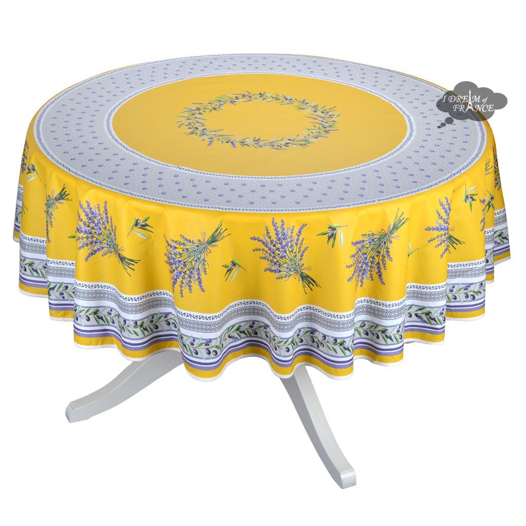 French Provencal tablecloth - Acrylic coated cotton, Spill - proof - 70" round - Lauris yellow | Tissus Toselli Tablecloth La Vie Bien French Provencal tablecloth - Acrylic coated cotton, Spill - proof - 70" round - Lauris yellow | Tissus Toselli