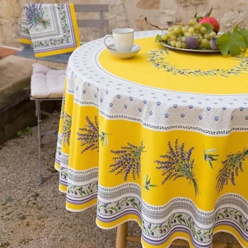 French Provencal tablecloth - Acrylic coated cotton, Spill - proof - 70" round - Lauris yellow | Tissus Toselli Tablecloth La Vie Bien French Provencal tablecloth - Acrylic coated cotton, Spill - proof - 70" round - Lauris yellow | Tissus Toselli
