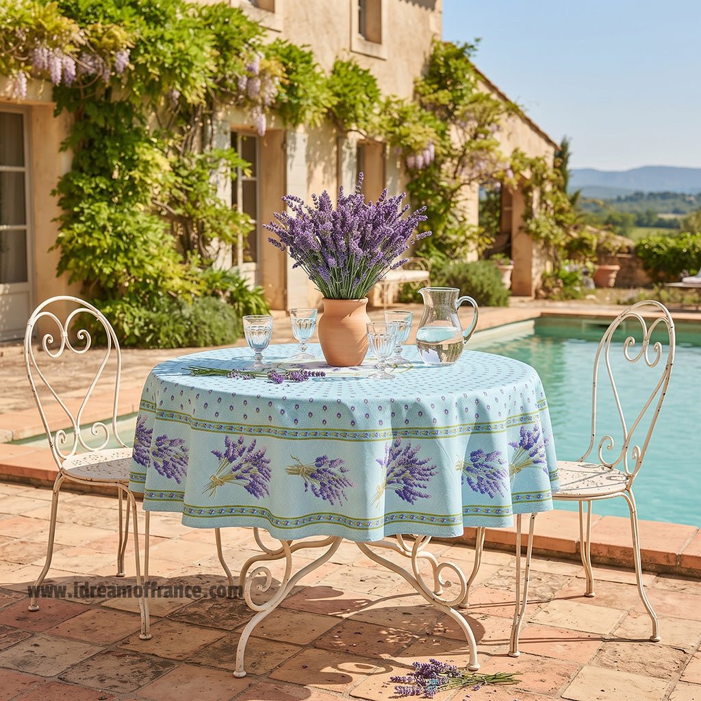 French Provencal tablecloth - Acrylic coated cotton, Spill-proof - 70" Round - Lavender blue | Le Cluny Tablecloth La Vie Bien French Provencal tablecloth - Acrylic coated cotton, Spill-proof - 70" Round - Lavender blue | Le Cluny
