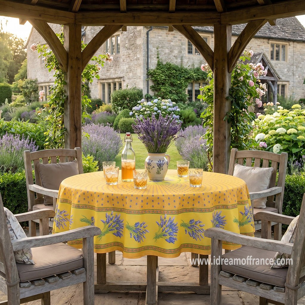 French Provencal tablecloth - Acrylic coated cotton, Spill - proof - 70" Round - Lavender yellow | Le Cluny Tablecloth La Vie Bien French Provencal tablecloth - Acrylic coated cotton, Spill - proof - 70" Round - Lavender yellow | Le Cluny