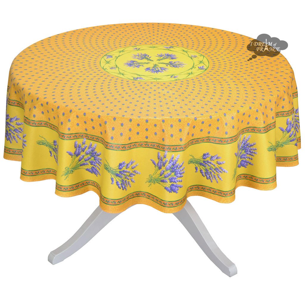French Provencal tablecloth - Acrylic coated cotton, Spill - proof - 70" Round - Lavender yellow | Le Cluny Tablecloth La Vie Bien French Provencal tablecloth - Acrylic coated cotton, Spill - proof - 70" Round - Lavender yellow | Le Cluny