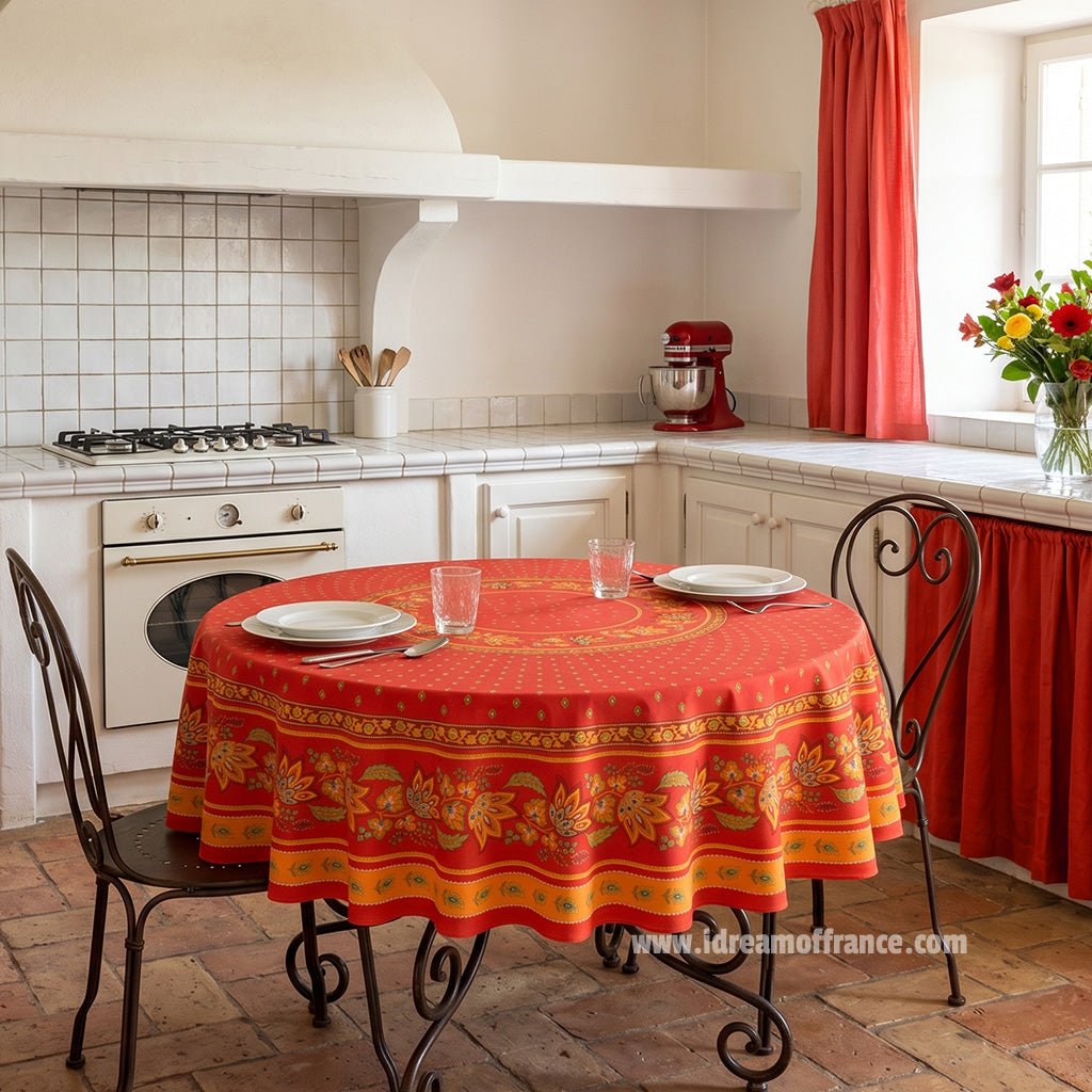 French Provencal tablecloth - Acrylic coated cotton, Spill - proof - 70" Round - Lisa red | Le Cluny Tablecloth La Vie Bien French Provencal tablecloth - Acrylic coated cotton, Spill - proof - 70" Round - Lisa red | Le Cluny