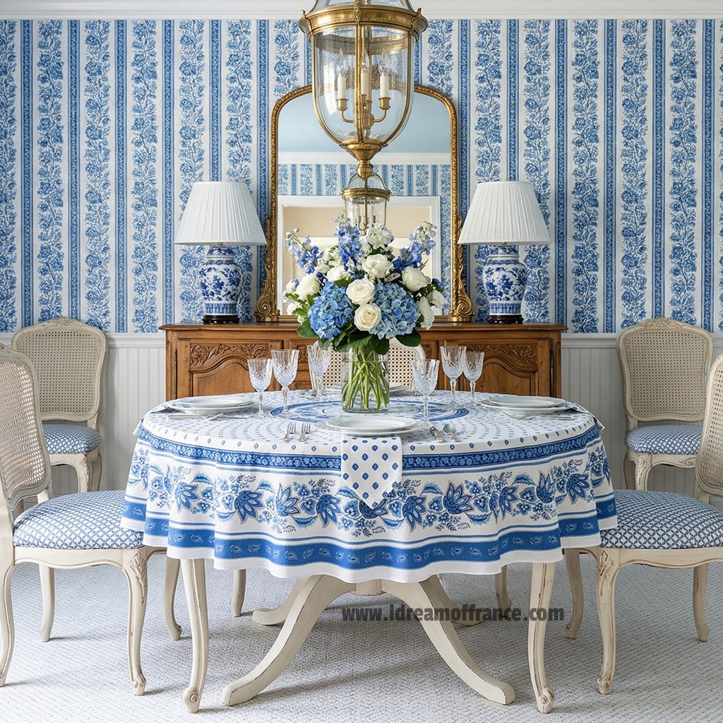 French Provencal tablecloth - Acrylic coated cotton, Spill - proof - 70" Round - Lisa white | Le Cluny Tablecloth La Vie Bien French Provencal tablecloth - Acrylic coated cotton, Spill - proof - 70" Round - Lisa white | Le Cluny
