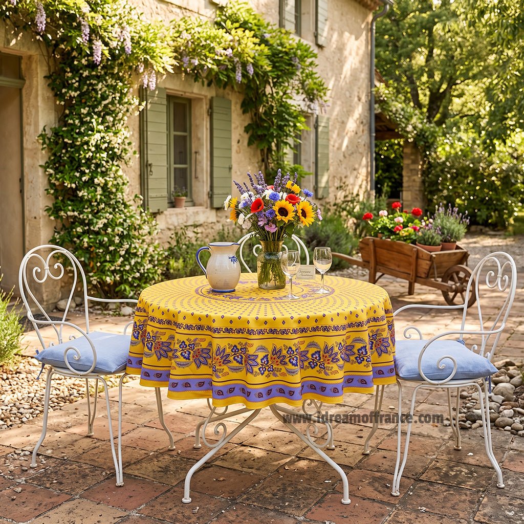 French Provencal tablecloth - Acrylic coated cotton, Spill-proof - 70" Round - Lisa yellow | Le Cluny Tablecloth La Vie Bien French Provencal tablecloth - Acrylic coated cotton, Spill-proof - 70" Round - Lisa yellow | Le Cluny