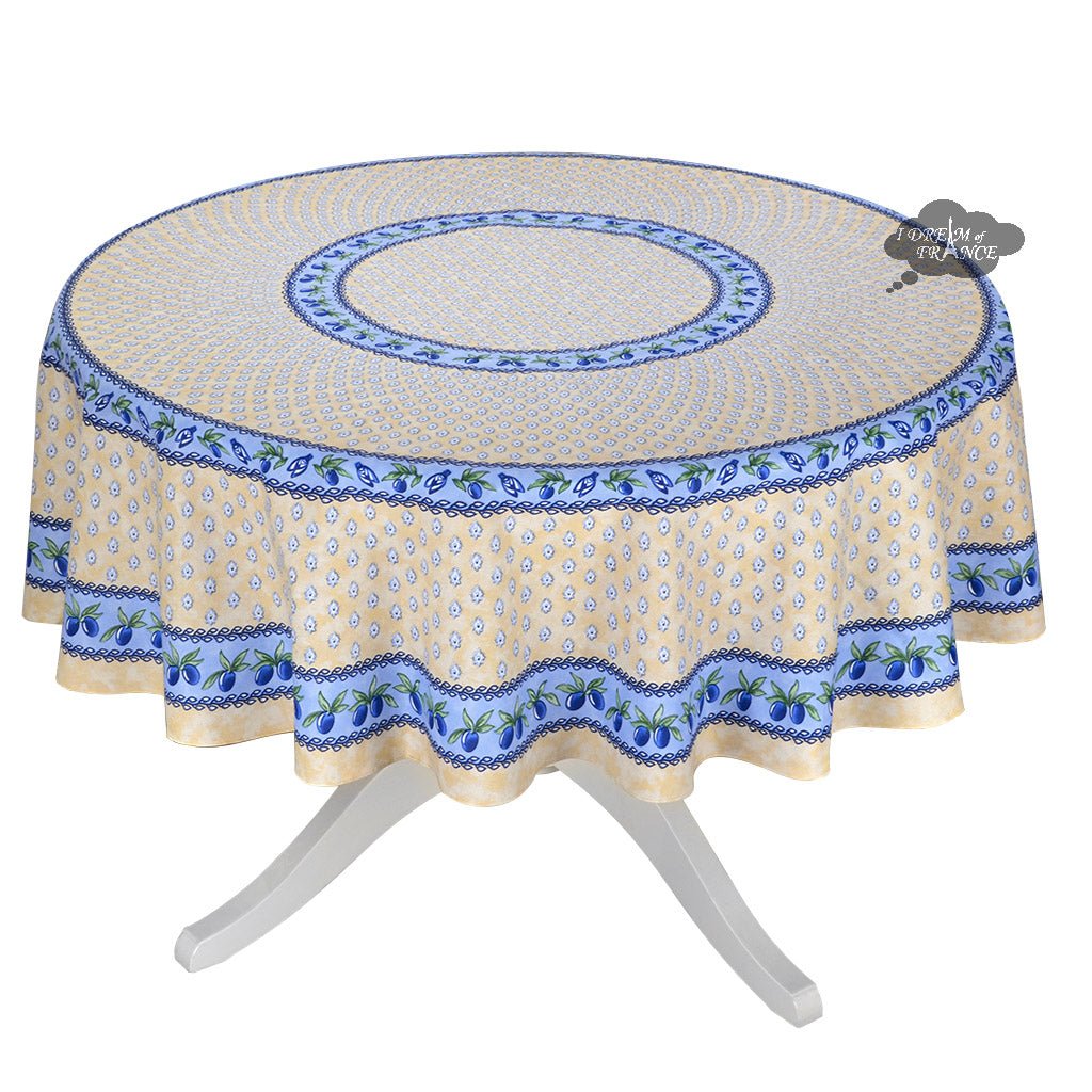 French Provencal tablecloth - Acrylic coated cotton, Spill-proof - 70" Round - Monaco beige & blue | Le Cluny Tablecloth La Vie Bien French Provencal tablecloth - Acrylic coated cotton, Spill-proof - 70" Round - Monaco beige & blue | Le Cluny