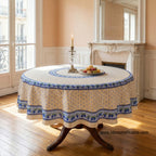 French Provencal tablecloth - Acrylic coated cotton, Spill-proof - 70" Round - Monaco beige & blue | Le Cluny Tablecloth La Vie Bien French Provencal tablecloth - Acrylic coated cotton, Spill-proof - 70" Round - Monaco beige & blue | Le Cluny