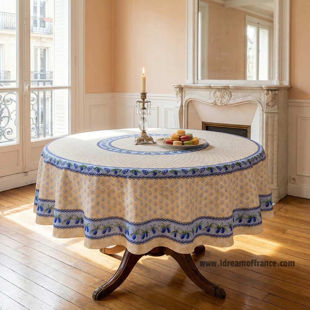French Provencal tablecloth - Acrylic coated cotton, Spill-proof - 70" Round - Monaco beige & blue | Le Cluny Tablecloth La Vie Bien French Provencal tablecloth - Acrylic coated cotton, Spill-proof - 70" Round - Monaco beige & blue | Le Cluny