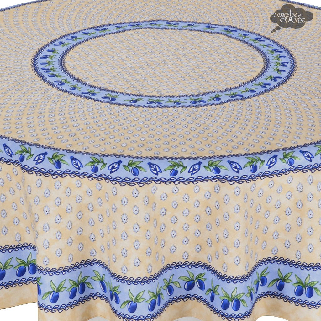 French Provencal tablecloth - Acrylic coated cotton, Spill-proof - 70" Round - Monaco beige & blue | Le Cluny Tablecloth La Vie Bien French Provencal tablecloth - Acrylic coated cotton, Spill-proof - 70" Round - Monaco beige & blue | Le Cluny