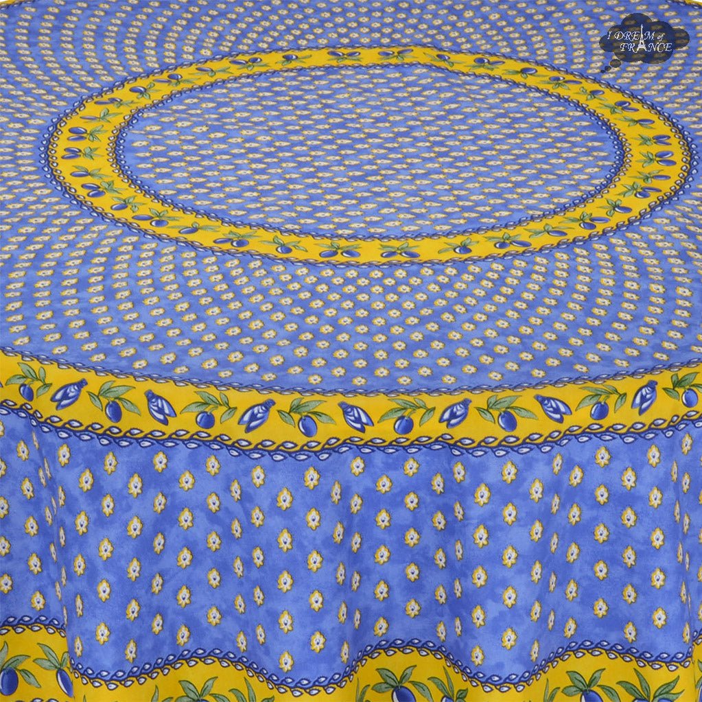 French Provencal tablecloth - Acrylic coated cotton, Spill-proof - 70" Round - Monaco blue | Le Cluny Tablecloth La Vie Bien French Provencal tablecloth - Acrylic coated cotton, Spill-proof - 70" Round - Monaco blue | Le Cluny