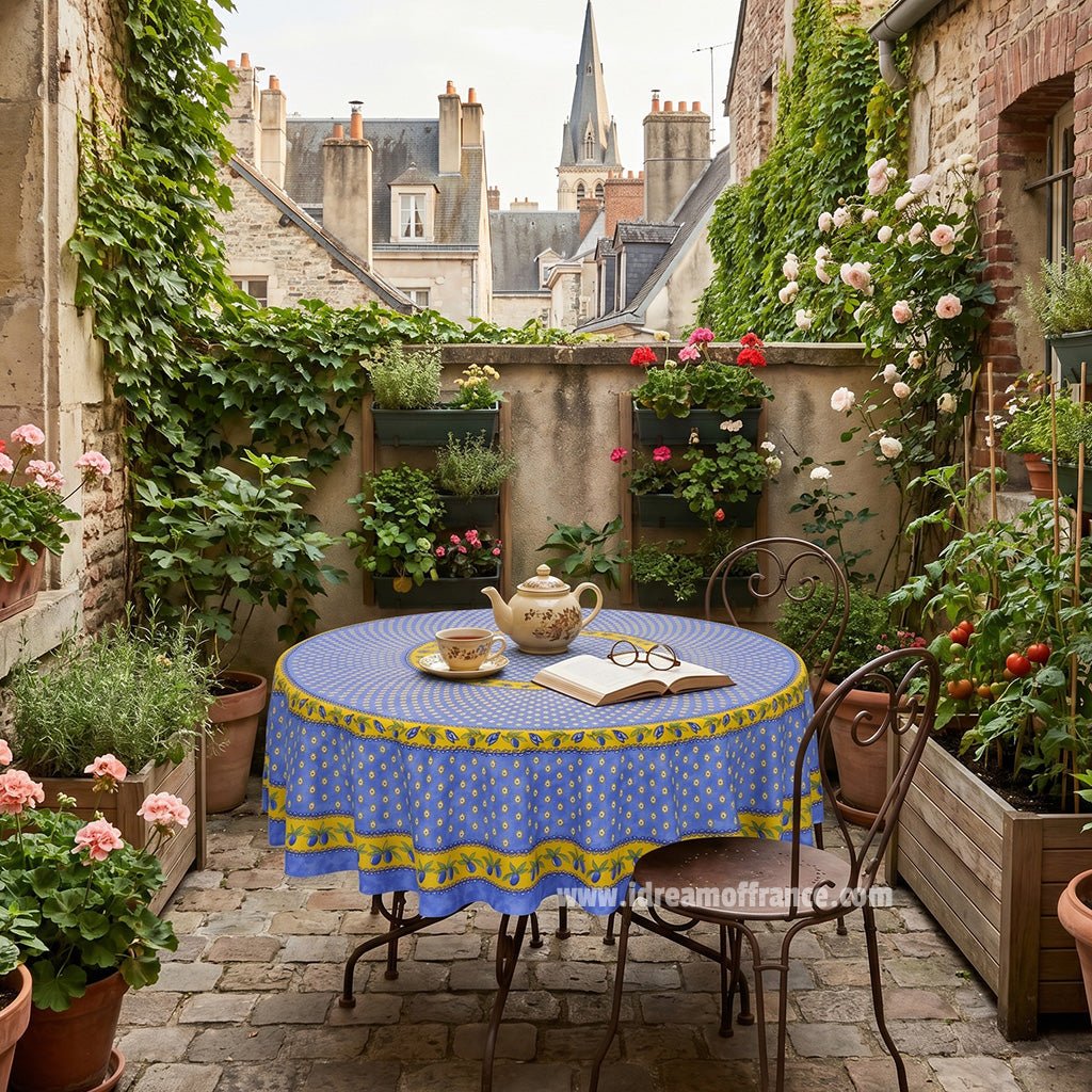 French Provencal tablecloth - Acrylic coated cotton, Spill-proof - 70" Round - Monaco blue | Le Cluny Tablecloth La Vie Bien French Provencal tablecloth - Acrylic coated cotton, Spill-proof - 70" Round - Monaco blue | Le Cluny