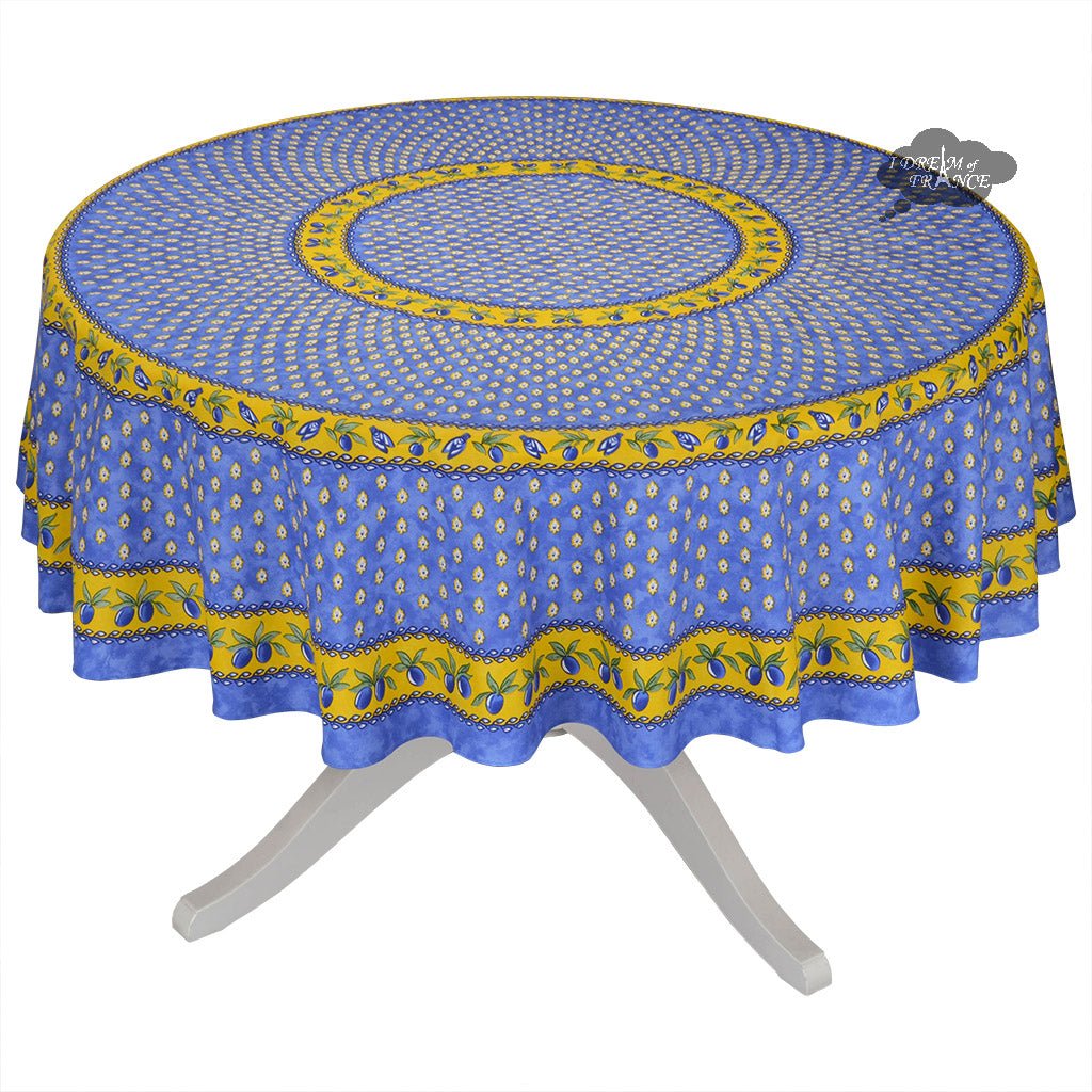 French Provencal tablecloth - Acrylic coated cotton, Spill-proof - 70" Round - Monaco blue | Le Cluny Tablecloth La Vie Bien French Provencal tablecloth - Acrylic coated cotton, Spill-proof - 70" Round - Monaco blue | Le Cluny