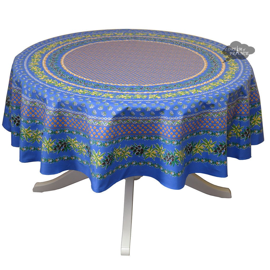 French Provencal tablecloth - Acrylic coated cotton, Spill-proof - 70" Round - Olives blue | Le Cluny Tablecloth La Vie Bien French Provencal tablecloth - Acrylic coated cotton, Spill-proof - 70" Round - Olives blue | Le Cluny