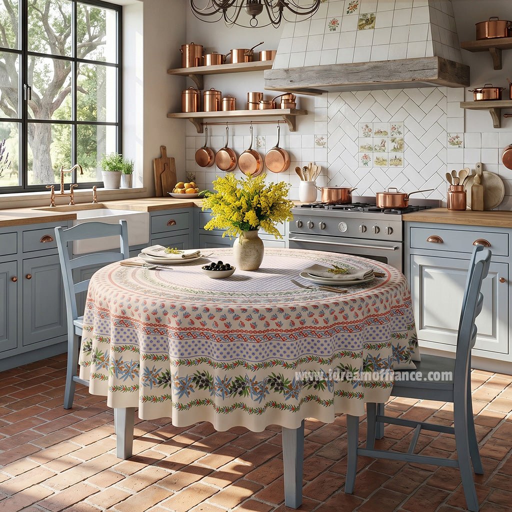 French Provencal tablecloth - Acrylic coated cotton, Spill-proof - 70" Round - Olives cream | Le Cluny Tablecloth La Vie Bien French Provencal tablecloth - Acrylic coated cotton, Spill-proof - 70" Round - Olives cream | Le Cluny