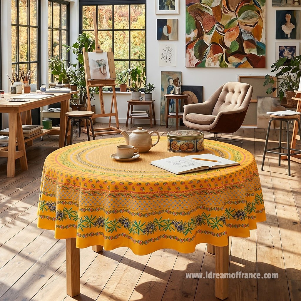 French Provencal tablecloth - Acrylic coated cotton, Spill - proof - 70" Round - Olives mustard yellow | Le Cluny Tablecloth La Vie Bien French Provencal tablecloth - Acrylic coated cotton, Spill - proof - 70" Round - Olives mustard yellow | Le Cluny