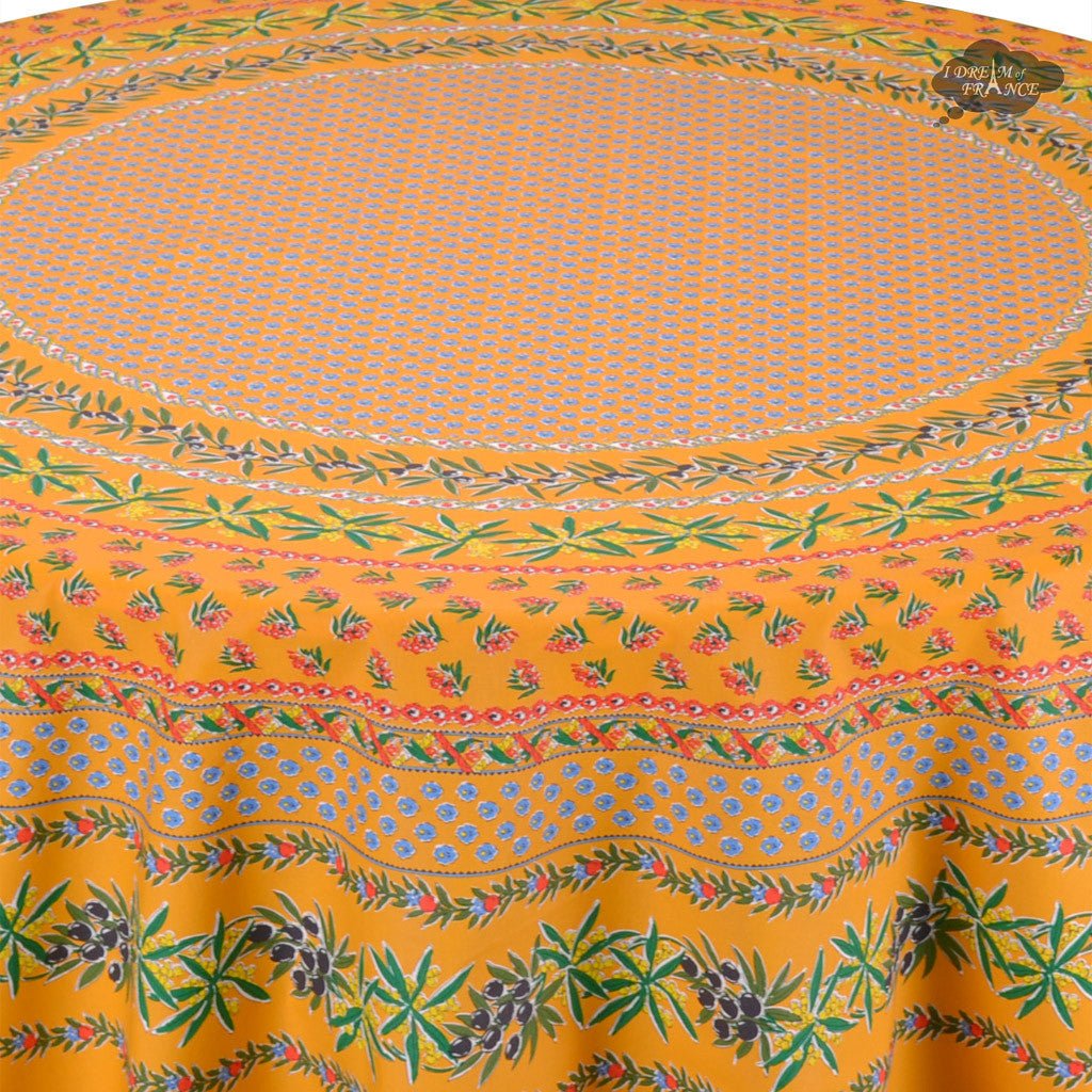 French Provencal tablecloth - Acrylic coated cotton, Spill - proof - 70" Round - Olives mustard yellow | Le Cluny Tablecloth La Vie Bien French Provencal tablecloth - Acrylic coated cotton, Spill - proof - 70" Round - Olives mustard yellow | Le Cluny