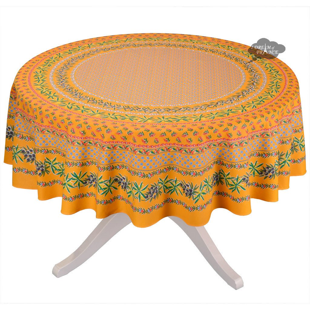 French Provencal tablecloth - Acrylic coated cotton, Spill - proof - 70" Round - Olives mustard yellow | Le Cluny Tablecloth La Vie Bien French Provencal tablecloth - Acrylic coated cotton, Spill - proof - 70" Round - Olives mustard yellow | Le Cluny