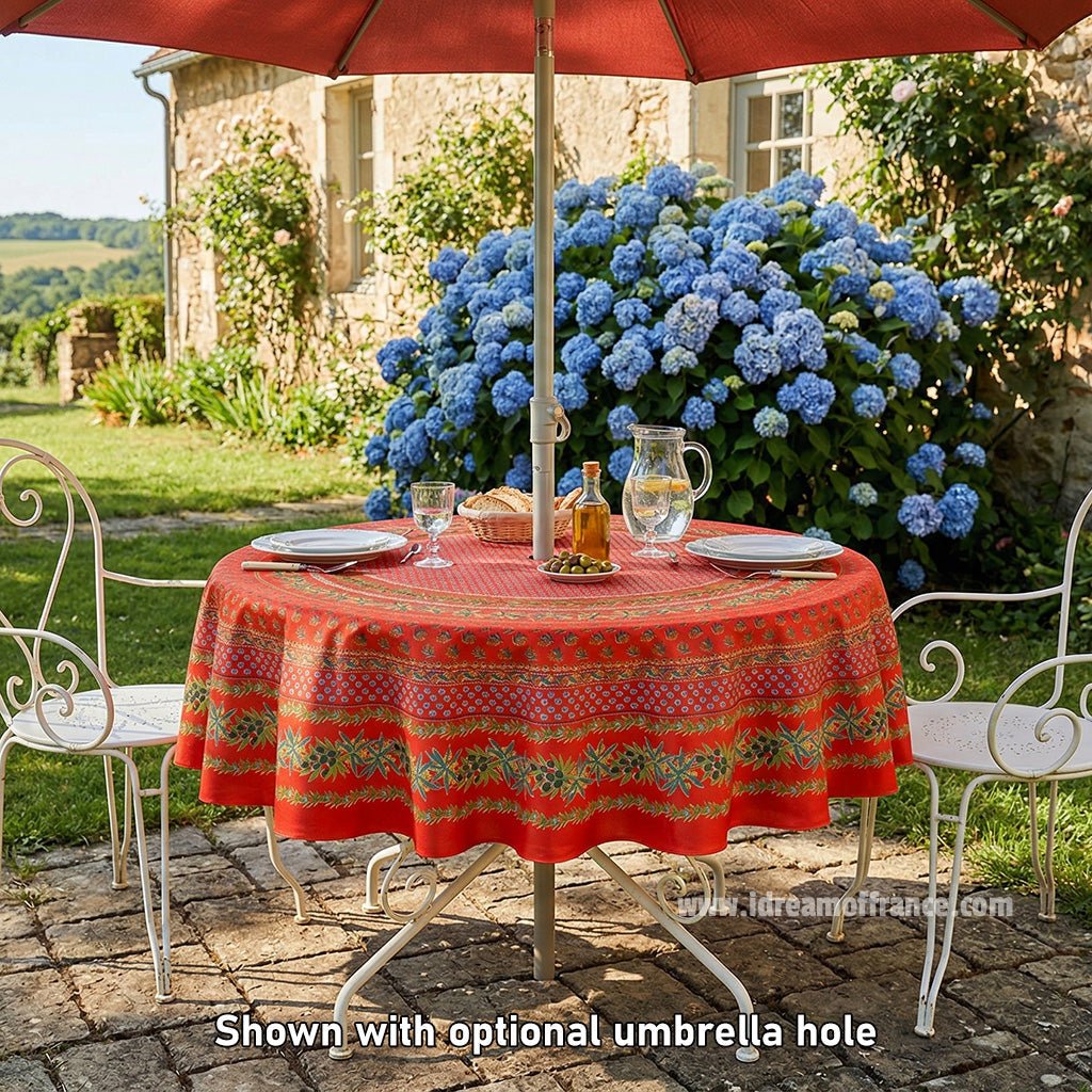 French Provencal tablecloth - Acrylic coated cotton, Spill - proof - 70" Round - Olives red | Le Cluny Tablecloth La Vie Bien French Provencal tablecloth - Acrylic coated cotton, Spill - proof - 70" Round - Olives red | Le Cluny