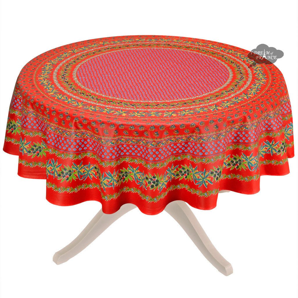 French Provencal tablecloth - Acrylic coated cotton, Spill - proof - 70" Round - Olives red | Le Cluny Tablecloth La Vie Bien French Provencal tablecloth - Acrylic coated cotton, Spill - proof - 70" Round - Olives red | Le Cluny