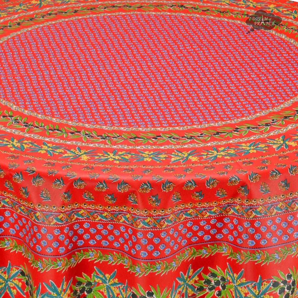 French Provencal tablecloth - Acrylic coated cotton, Spill - proof - 70" Round - Olives red | Le Cluny Tablecloth La Vie Bien French Provencal tablecloth - Acrylic coated cotton, Spill - proof - 70" Round - Olives red | Le Cluny