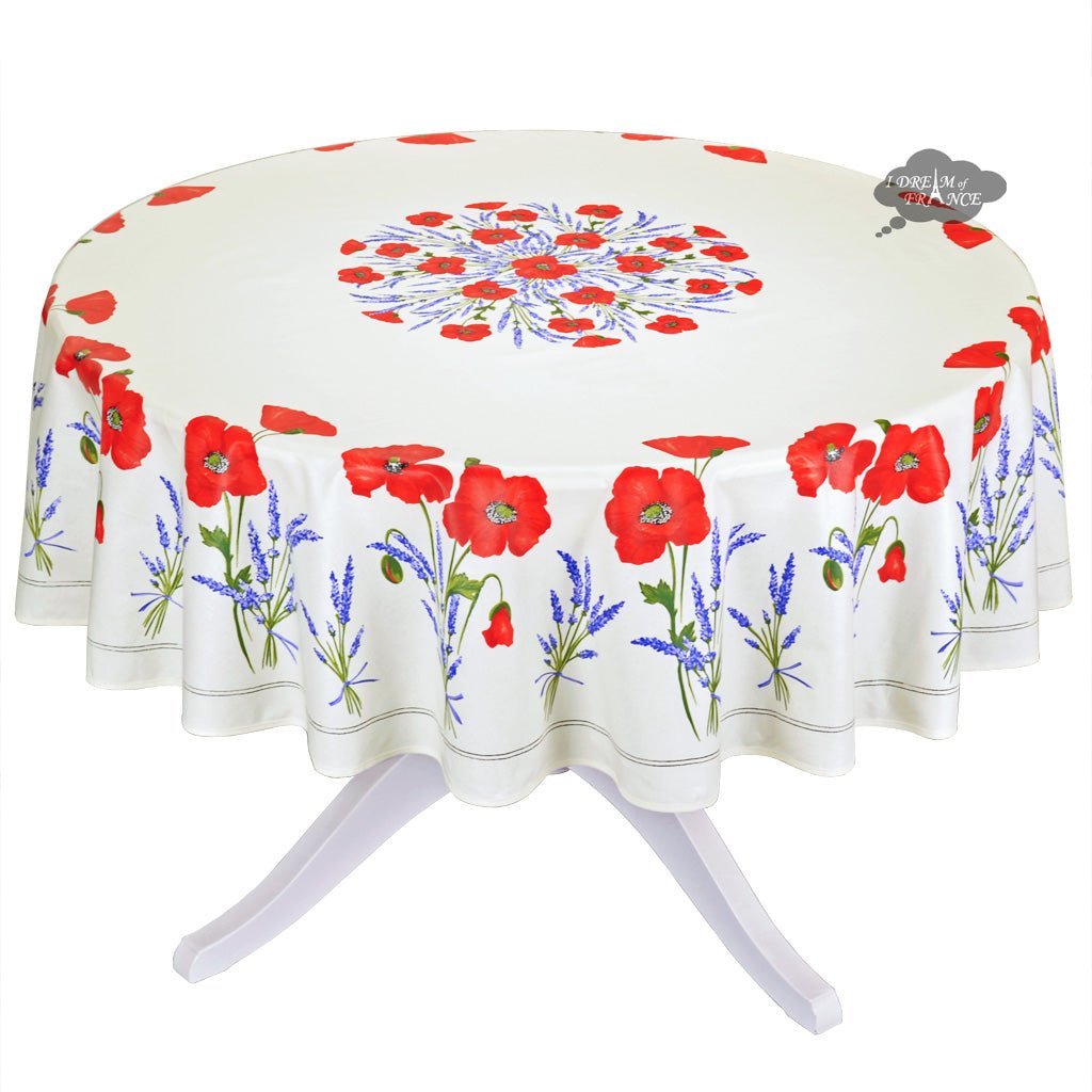 French Provencal tablecloth - Acrylic coated cotton, Spill - proof - 70" round - Poppies ivory | Tissus Toselli Tablecloth La Vie Bien French Provencal tablecloth - Acrylic coated cotton, Spill - proof - 70" round - Poppies ivory | Tissus Toselli
