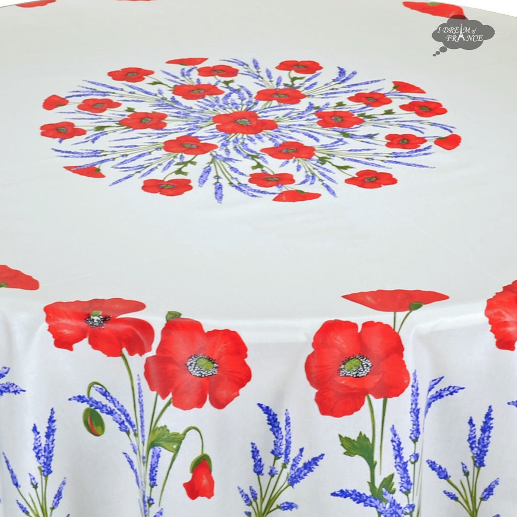 French Provencal tablecloth - Acrylic coated cotton, Spill - proof - 70" round - Poppies ivory | Tissus Toselli Tablecloth La Vie Bien French Provencal tablecloth - Acrylic coated cotton, Spill - proof - 70" round - Poppies ivory | Tissus Toselli