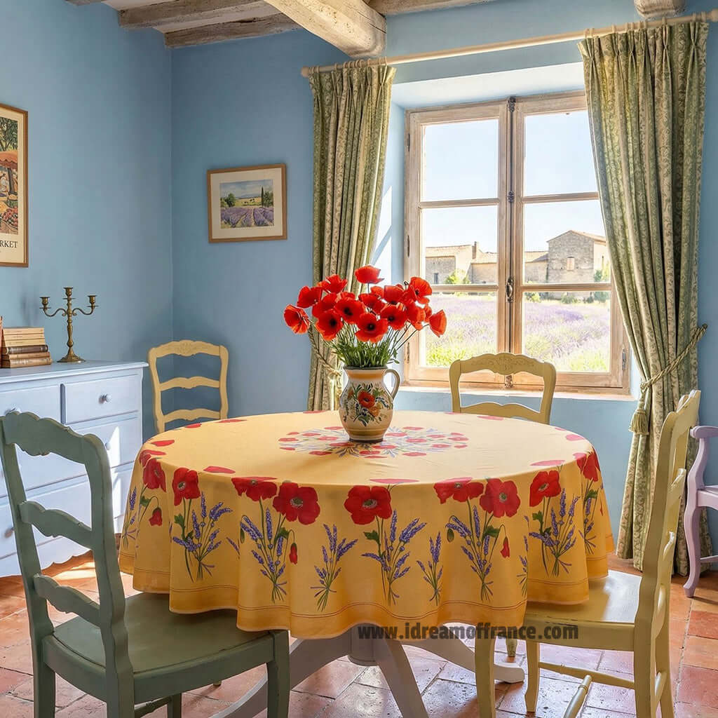 French Provencal tablecloth - Acrylic coated cotton, Spill - proof - 70" round - Poppies yellow | Tissus Toselli Tablecloth La Vie Bien French Provencal tablecloth - Acrylic coated cotton, Spill - proof - 70" round - Poppies yellow | Tissus Toselli