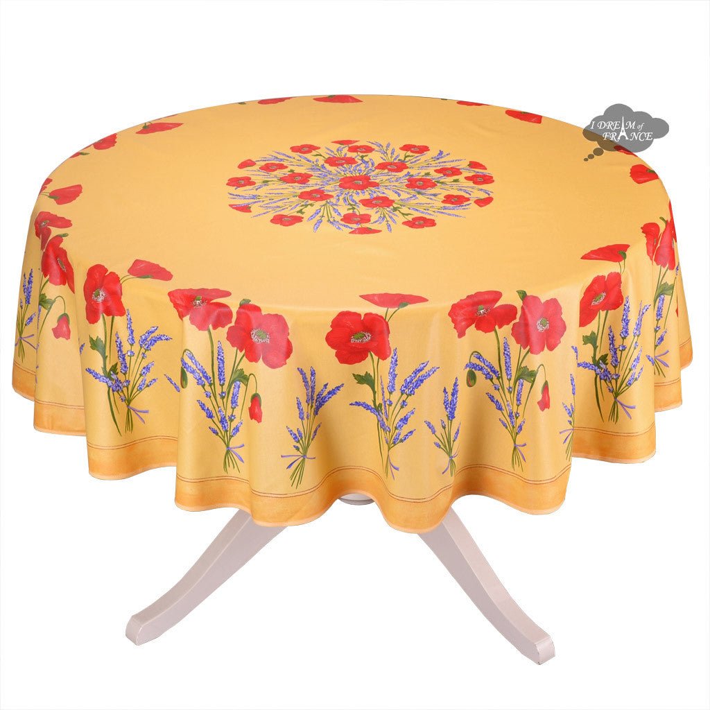 French Provencal tablecloth - Acrylic coated cotton, Spill - proof - 70" round - Poppies yellow | Tissus Toselli Tablecloth La Vie Bien French Provencal tablecloth - Acrylic coated cotton, Spill - proof - 70" round - Poppies yellow | Tissus Toselli